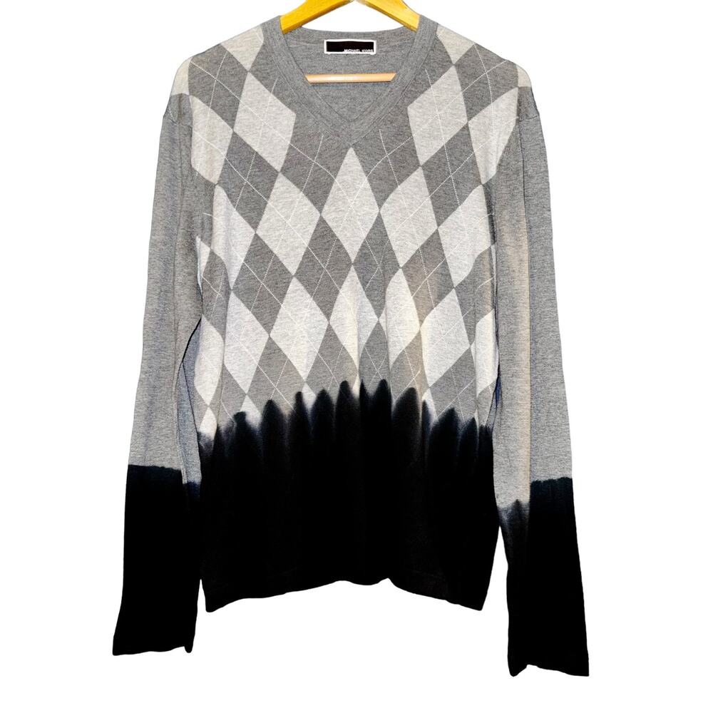 Michael Kors Ink Dipped Argyle Gray Sweater‎ Womens Sz XL Preppy Academia Grunge